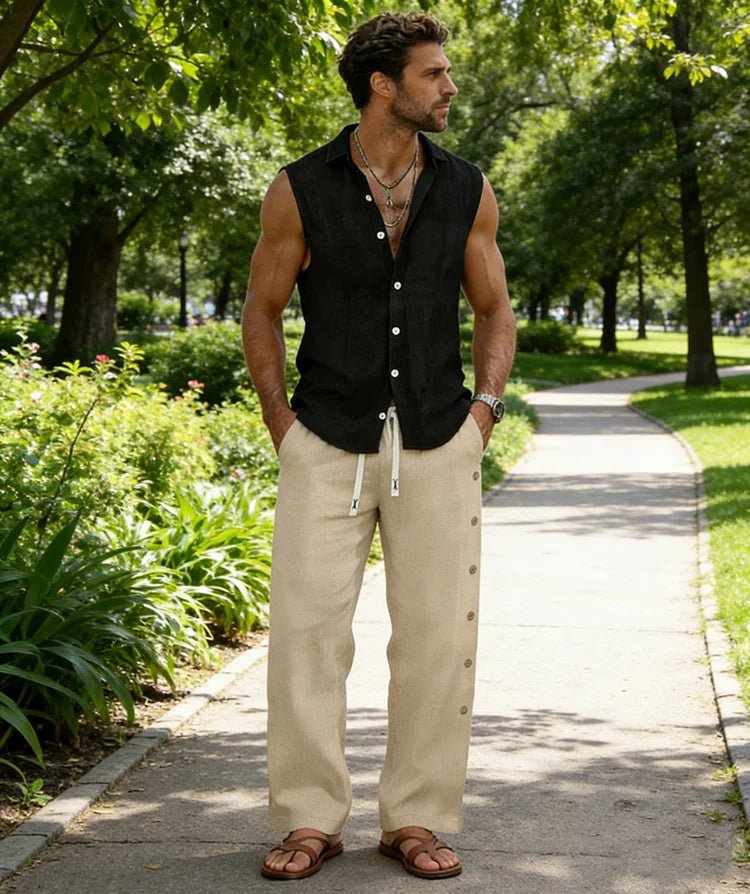 Chemise sans manches en coton et lin pour homme 2026, col rabattu, boutonnée, décontractée, pour la plage - FATAONChemise sans manches en coton et lin pour homme 2026, col rabattu, boutonnée, décontractée, pour la plageMode HommeFATAON