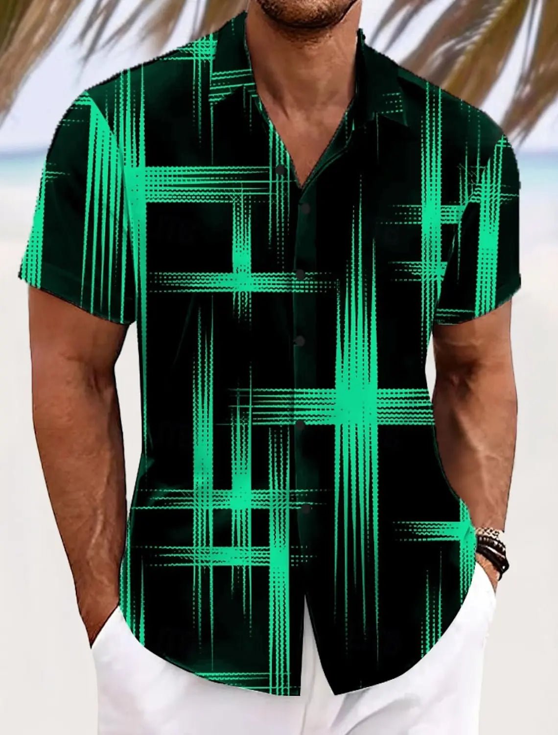 Chemises d'été à carreaux à grille géométrique pour hommes, chemise hawaïenne à manches courtes rabattu, chemises boutonnées sans poches - FATAONChemises d'été à carreaux à grille géométrique pour hommes, chemise hawaïenne à manches courtes rabattu, chemises boutonnées sans pochesMode HommeFATAON