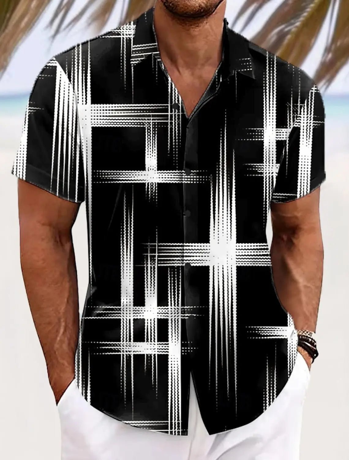 Chemises d'été à carreaux à grille géométrique pour hommes, chemise hawaïenne à manches courtes rabattu, chemises boutonnées sans poches - FATAONChemises d'été à carreaux à grille géométrique pour hommes, chemise hawaïenne à manches courtes rabattu, chemises boutonnées sans pochesMode HommeFATAON