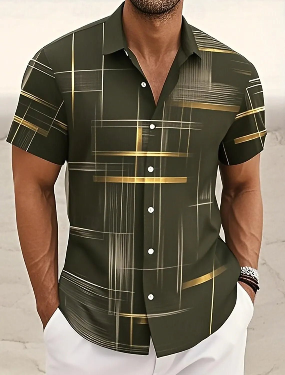 Chemises d'été à carreaux à grille géométrique pour hommes, chemise hawaïenne à manches courtes rabattu, chemises boutonnées sans poches - FATAONChemises d'été à carreaux à grille géométrique pour hommes, chemise hawaïenne à manches courtes rabattu, chemises boutonnées sans pochesMode HommeFATAON