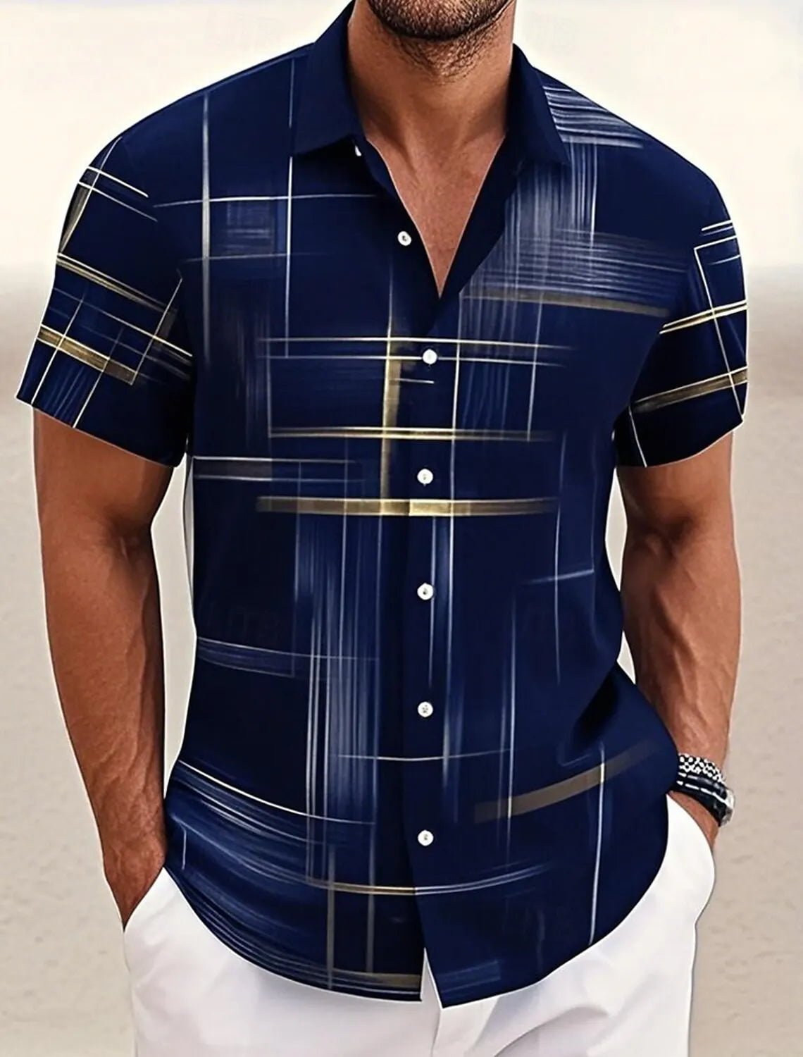 Chemises d'été à carreaux à grille géométrique pour hommes, chemise hawaïenne à manches courtes rabattu, chemises boutonnées sans poches - FATAONChemises d'été à carreaux à grille géométrique pour hommes, chemise hawaïenne à manches courtes rabattu, chemises boutonnées sans pochesMode HommeFATAON