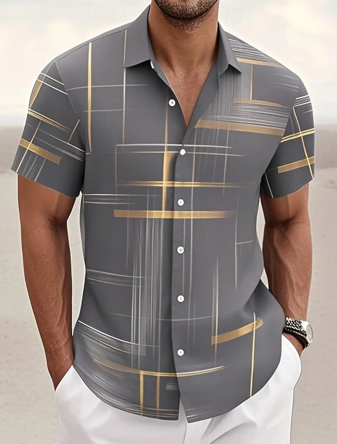 Chemises d'été à carreaux à grille géométrique pour hommes, chemise hawaïenne à manches courtes rabattu, chemises boutonnées sans poches - FATAONChemises d'été à carreaux à grille géométrique pour hommes, chemise hawaïenne à manches courtes rabattu, chemises boutonnées sans pochesMode HommeFATAON