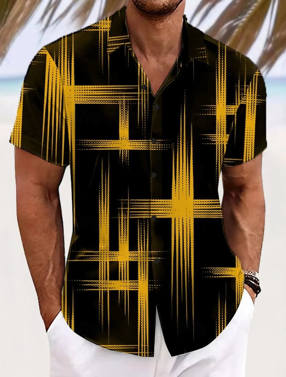 Chemises d'été à carreaux à grille géométrique pour hommes, chemise hawaïenne à manches courtes rabattu, chemises boutonnées sans poches - FATAONChemises d'été à carreaux à grille géométrique pour hommes, chemise hawaïenne à manches courtes rabattu, chemises boutonnées sans pochesMode HommeFATAON