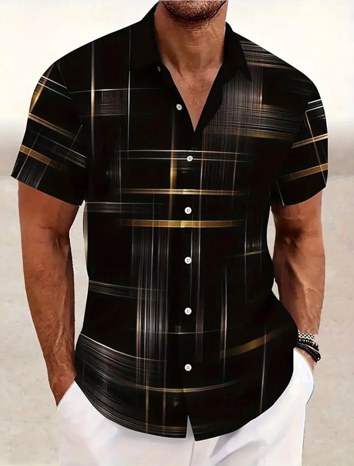 Chemises d'été à carreaux à grille géométrique pour hommes, chemise hawaïenne à manches courtes rabattu, chemises boutonnées sans poches - FATAONChemises d'été à carreaux à grille géométrique pour hommes, chemise hawaïenne à manches courtes rabattu, chemises boutonnées sans pochesMode HommeFATAON