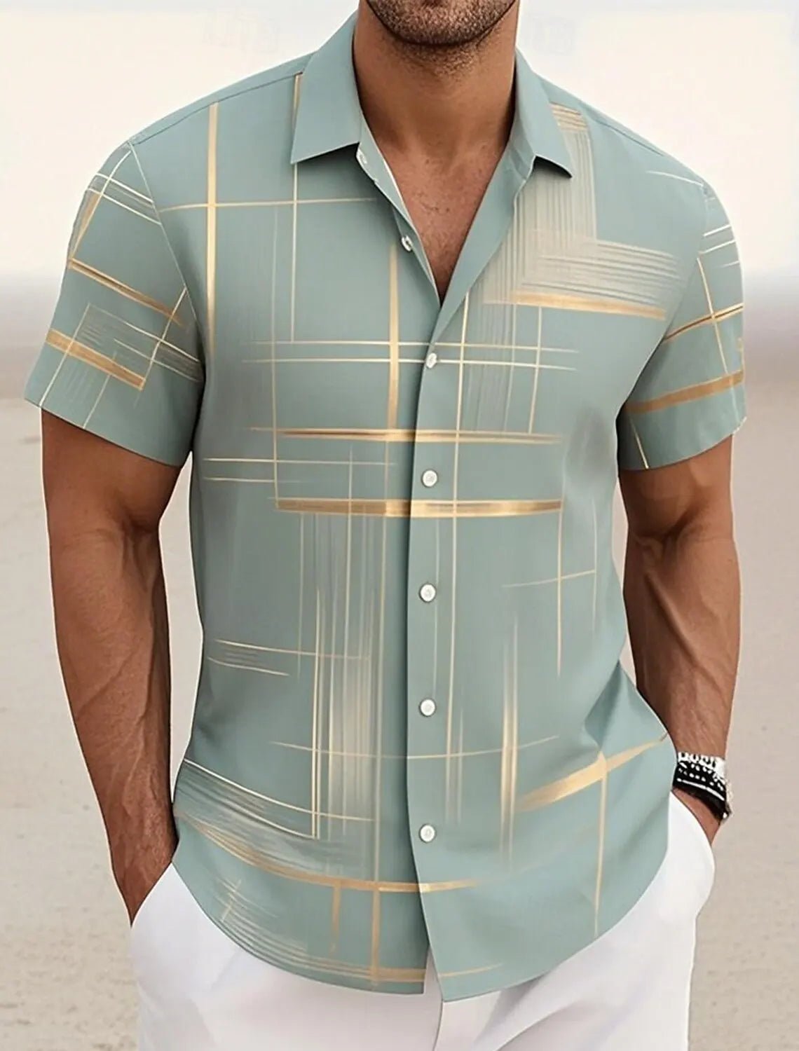 Chemises d'été à carreaux à grille géométrique pour hommes, chemise hawaïenne à manches courtes rabattu, chemises boutonnées sans poches - FATAONChemises d'été à carreaux à grille géométrique pour hommes, chemise hawaïenne à manches courtes rabattu, chemises boutonnées sans pochesMode HommeFATAON