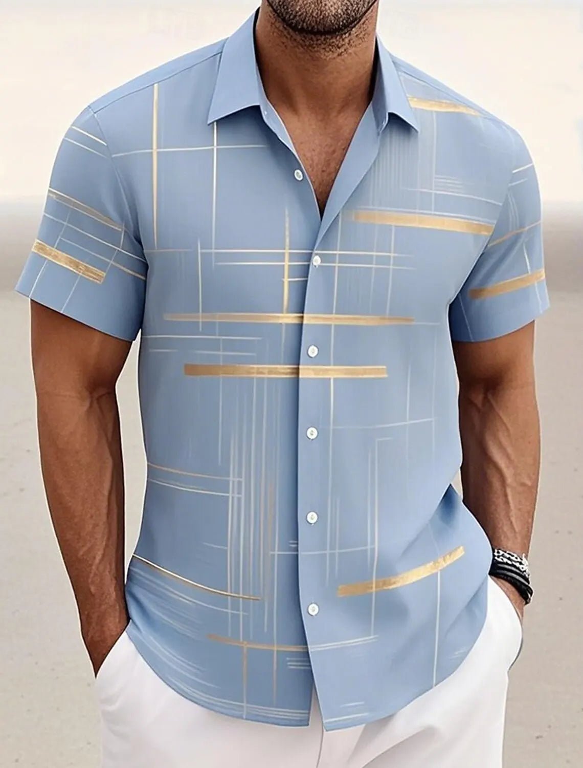 Chemises d'été à carreaux à grille géométrique pour hommes, chemise hawaïenne à manches courtes rabattu, chemises boutonnées sans poches - FATAONChemises d'été à carreaux à grille géométrique pour hommes, chemise hawaïenne à manches courtes rabattu, chemises boutonnées sans pochesMode HommeFATAON