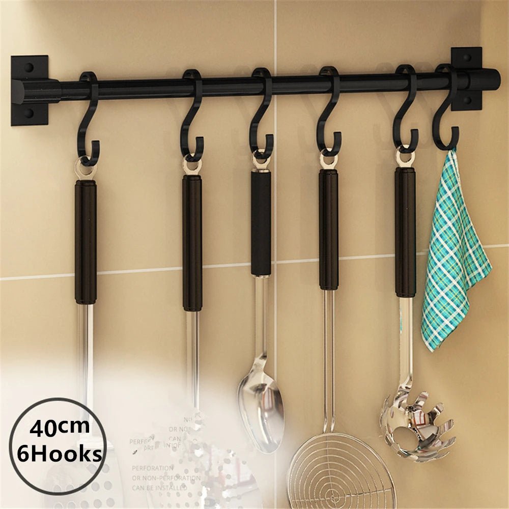 Crochet de cuisine sans poinçon pour couteau, cuillère, porte-couvercle de casserole, support d'ustensiles de cuisine avec crochets coulissants, tige de suspension noire, cintre mural - FATAONCrochet de cuisine sans poinçon pour couteau, cuillère, porte-couvercle de casserole, support d'ustensiles de cuisine avec crochets coulissants, tige de suspension noire, cintre muralSolutions MaisonFATAON