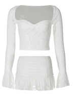 Ensemble 2 pièces haut court évasé à manches longues et Mini jupe plissée, Sexy, dentelle froncée, vacances d'été, tenues transparentes pour femmes - FATAONEnsemble 2 pièces haut court évasé à manches longues et Mini jupe plissée, Sexy, dentelle froncée, vacances d'été, tenues transparentes pour femmesMode FemmeFATAON
