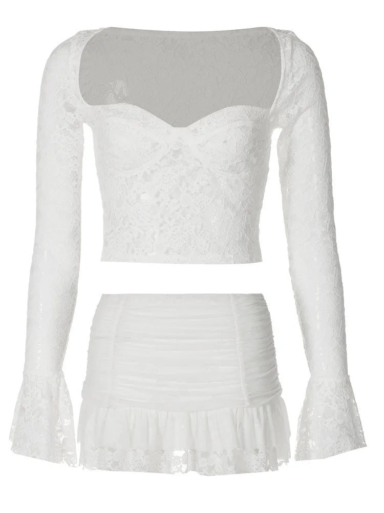 Ensemble 2 pièces haut court évasé à manches longues et Mini jupe plissée, Sexy, dentelle froncée, vacances d'été, tenues transparentes pour femmes - FATAONEnsemble 2 pièces haut court évasé à manches longues et Mini jupe plissée, Sexy, dentelle froncée, vacances d'été, tenues transparentes pour femmesMode FemmeFATAON