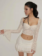 Ensemble 2 pièces haut court évasé à manches longues et Mini jupe plissée, Sexy, dentelle froncée, vacances d'été, tenues transparentes pour femmes - FATAONEnsemble 2 pièces haut court évasé à manches longues et Mini jupe plissée, Sexy, dentelle froncée, vacances d'été, tenues transparentes pour femmesMode FemmeFATAON