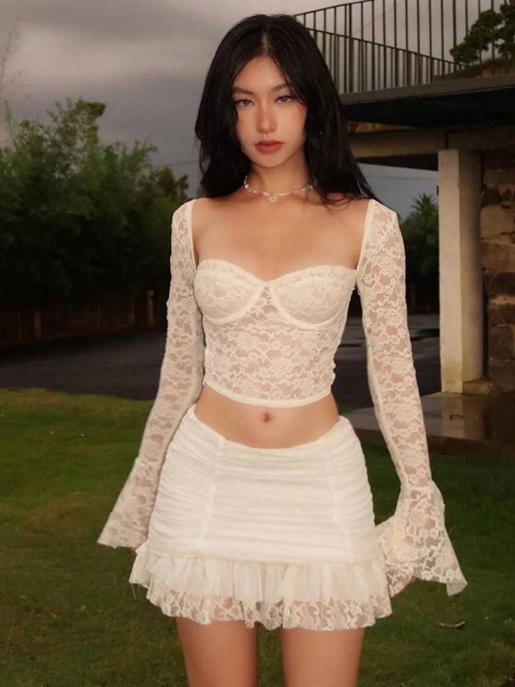 Ensemble 2 pièces haut court évasé à manches longues et Mini jupe plissée, Sexy, dentelle froncée, vacances d'été, tenues transparentes pour femmes - FATAONEnsemble 2 pièces haut court évasé à manches longues et Mini jupe plissée, Sexy, dentelle froncée, vacances d'été, tenues transparentes pour femmesMode FemmeFATAON