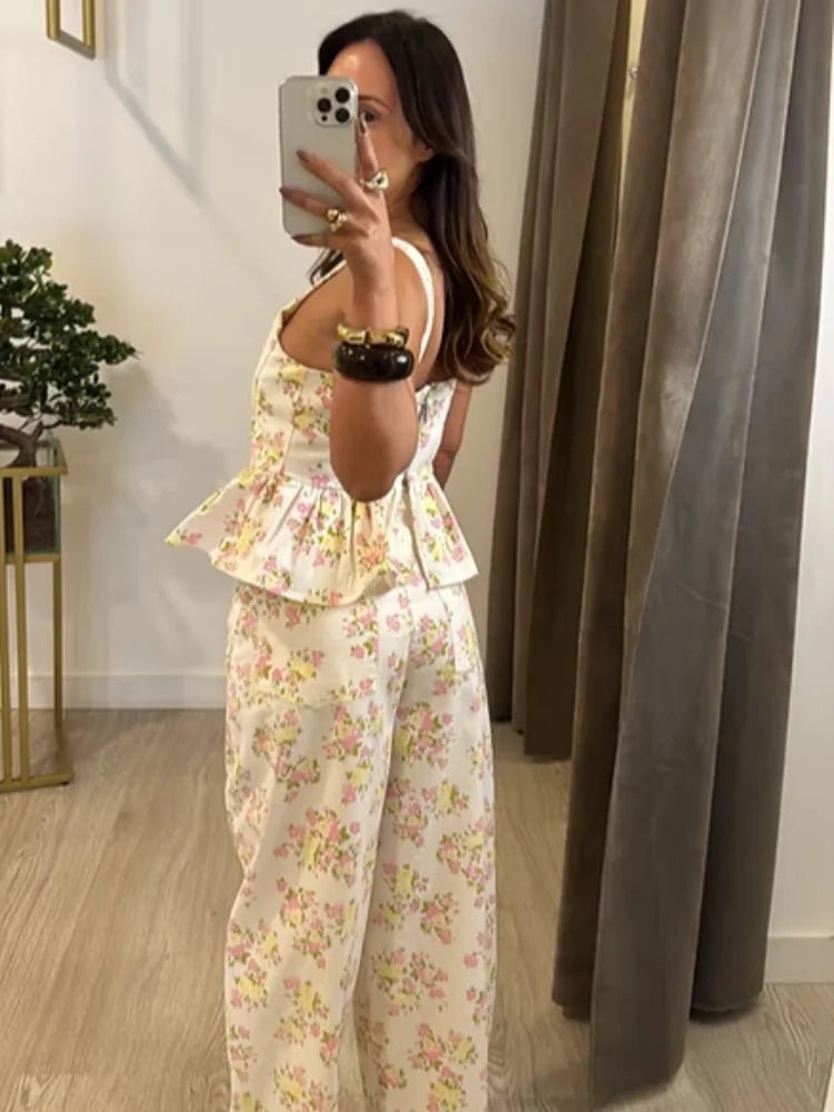 Ensemble pantalon long imprimé floral pour femme – Gilet élégant sans manches et dos nu avec pantalon large – Tenue chic pour les vacances d'été - FATAONEnsemble pantalon long imprimé floral pour femme – Gilet élégant sans manches et dos nu avec pantalon large – Tenue chic pour les vacances d'étéMode FemmeFATAON