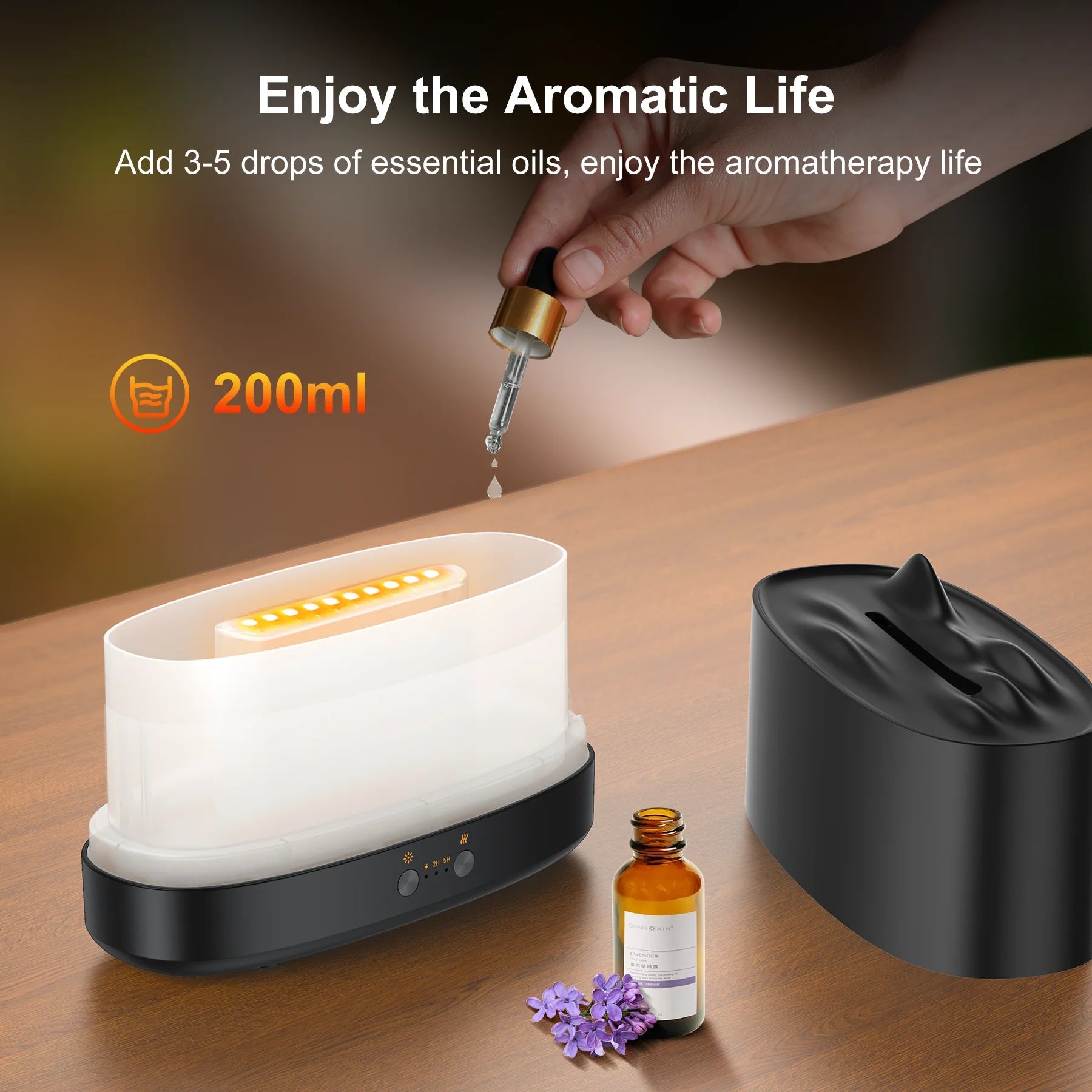 Essential Oil Diffuser, 7 Color Flame Diffuser Humidifier, 200Ml Time Setting for Home, Room, Black - Fix & GoEssential Oil Diffuser, 7 Color Flame Diffuser Humidifier, 200Ml Time Setting for Home, Room, BlackFix & Go