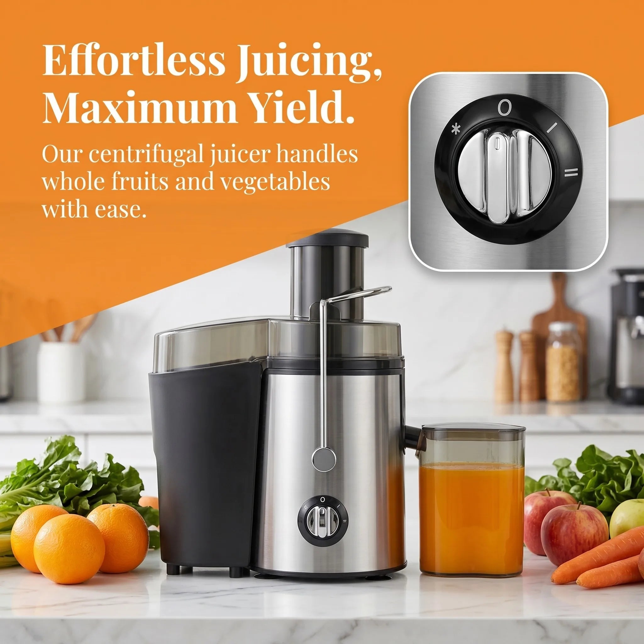 Extracteur de jus centrifuge de 800 watts avec une large ouverture de 3 pouces pour fruits et légumes, facile à nettoyer, en acier inoxydable (argent) - FATAONExtracteur de jus centrifuge de 800 watts avec une large ouverture de 3 pouces pour fruits et légumes, facile à nettoyer, en acier inoxydable (argent)Solutions MaisonFATAON