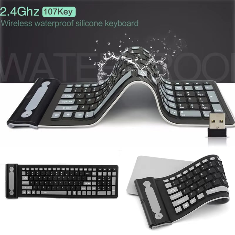 Foldable Silicone Wireless Keyboard 2.4G Usb Flexible Waterproof Slim Keyboard Universal Silent Roll up Keypad for PC Laptop - Fix & GoFoldable Silicone Wireless Keyboard 2.4G Usb Flexible Waterproof Slim Keyboard Universal Silent Roll up Keypad for PC LaptopFix & Go