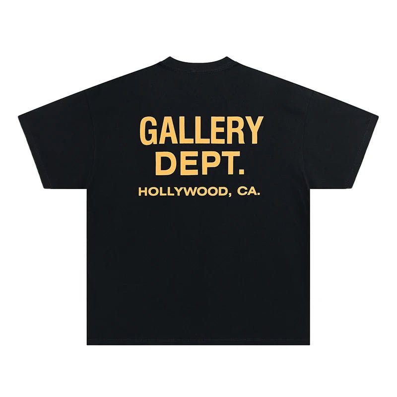 GALLERY DEPT. pour hommes. T-shirt noir et jaune imprimé HOLLYWOOD CA, surdimensionné, en coton, streetwear, tee-shirt décontracté d'été, manches courtes - FATAONGALLERY DEPT. pour hommes. T-shirt noir et jaune imprimé HOLLYWOOD CA, surdimensionné, en coton, streetwear, tee-shirt décontracté d'été, manches courtesMode HommeFATAON