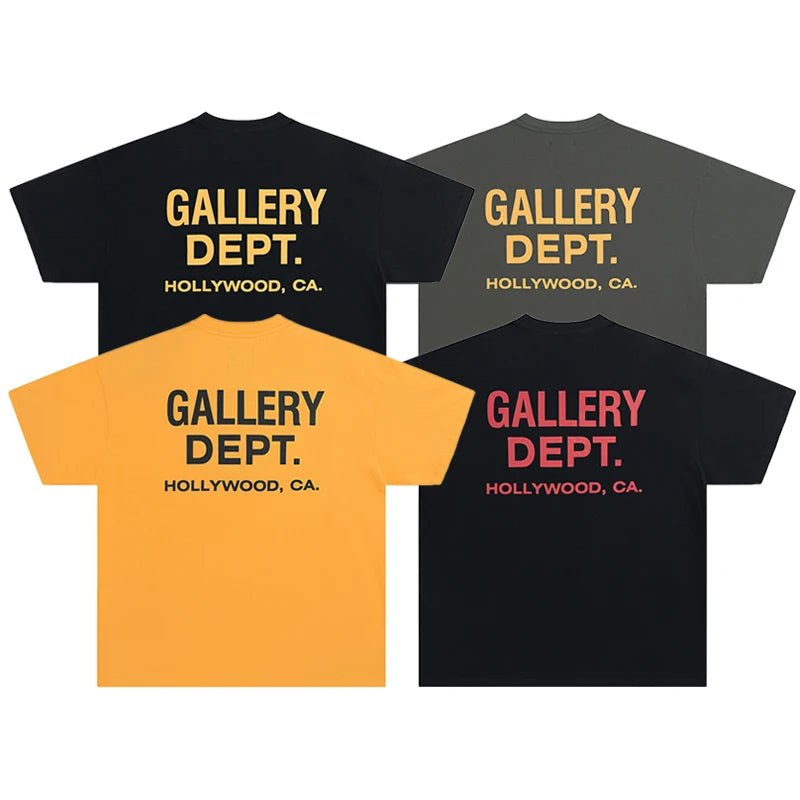 GALLERY DEPT. pour hommes. T-shirt noir et jaune imprimé HOLLYWOOD CA, surdimensionné, en coton, streetwear, tee-shirt décontracté d'été, manches courtes - FATAONGALLERY DEPT. pour hommes. T-shirt noir et jaune imprimé HOLLYWOOD CA, surdimensionné, en coton, streetwear, tee-shirt décontracté d'été, manches courtesMode HommeFATAON