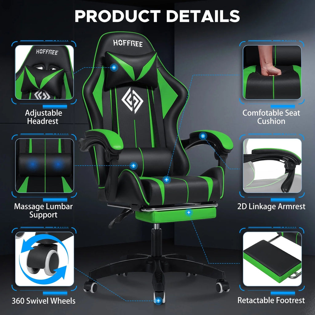 Gaming Chair Massage Game Chair with Footrest and Massage Lumbar Support Ergonomic Computer Chair Height Adjustable with Swivel Seat and Headrest - Fix & GoGaming Chair Massage Game Chair with Footrest and Massage Lumbar Support Ergonomic Computer Chair Height Adjustable with Swivel Seat and HeadrestFix & Go