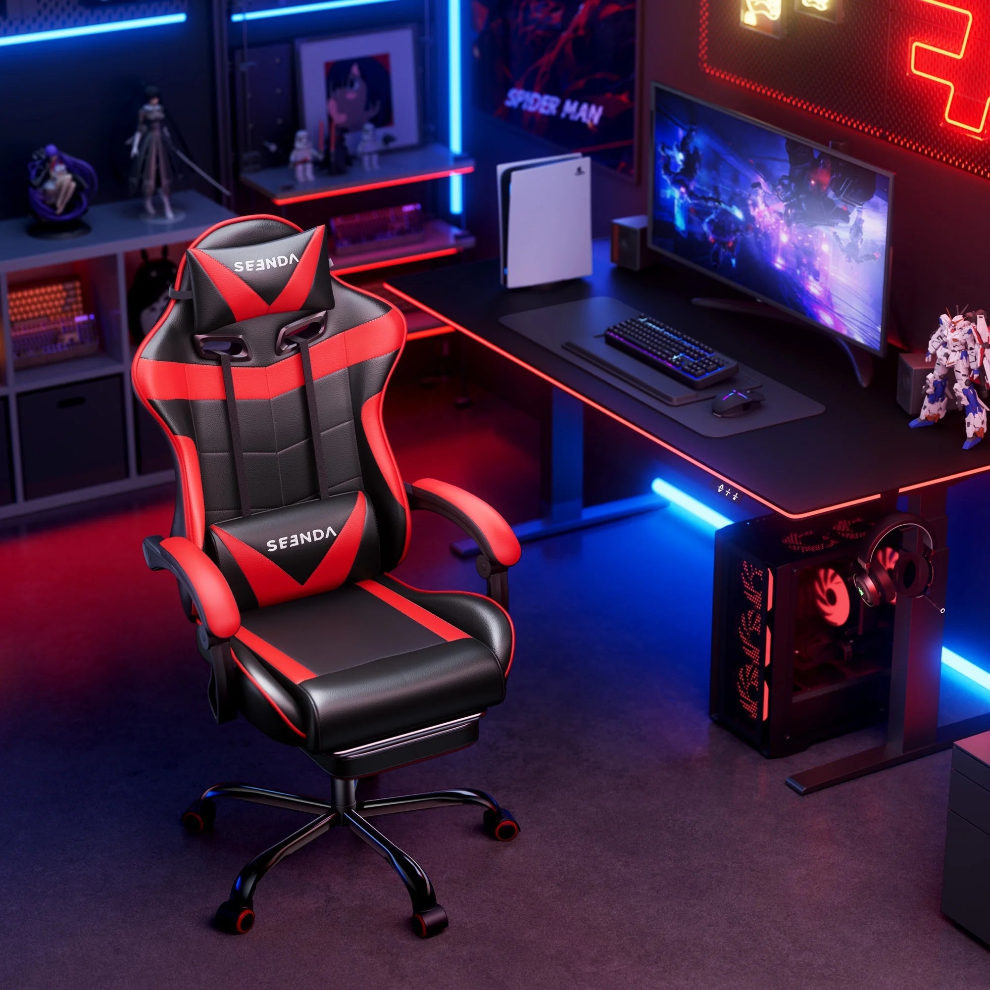 Gaming Chair, Video Game Chair with Footrest and Lumbar Support, Ergonomic Computer Chair Height Adjustable with Swivel Seat and Headrest, Red - Fix & GoGaming Chair, Video Game Chair with Footrest and Lumbar Support, Ergonomic Computer Chair Height Adjustable with Swivel Seat and Headrest, RedFix & Go