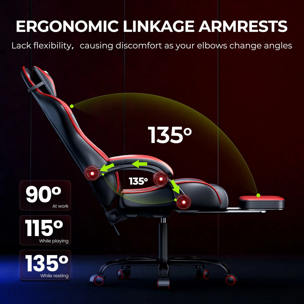 Gaming Chair, Video Game Chair with Footrest and Lumbar Support, Ergonomic Computer Chair Height Adjustable with Swivel Seat and Headrest, Red - Fix & GoGaming Chair, Video Game Chair with Footrest and Lumbar Support, Ergonomic Computer Chair Height Adjustable with Swivel Seat and Headrest, RedFix & Go
