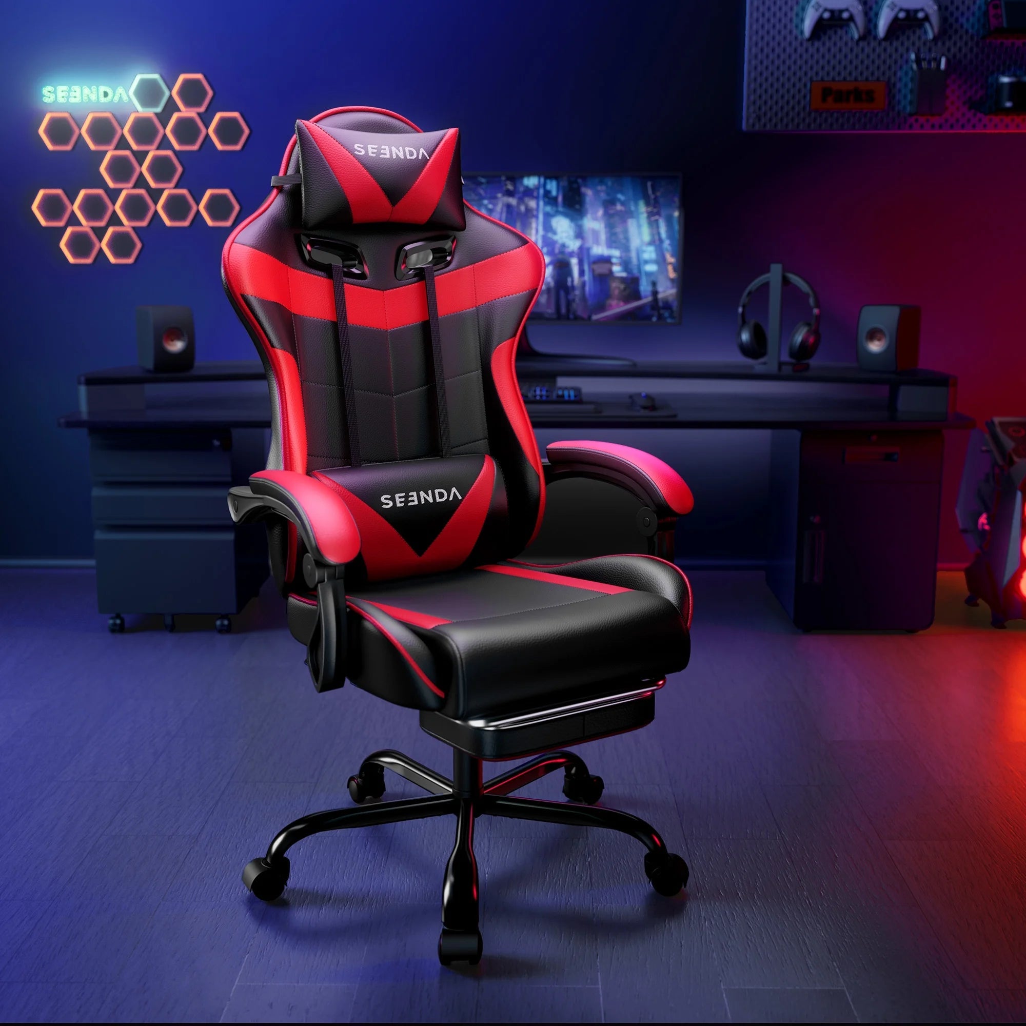 Gaming Chair, Video Game Chair with Footrest and Lumbar Support, Ergonomic Computer Chair Height Adjustable with Swivel Seat and Headrest, Red - Fix & GoGaming Chair, Video Game Chair with Footrest and Lumbar Support, Ergonomic Computer Chair Height Adjustable with Swivel Seat and Headrest, RedFix & Go