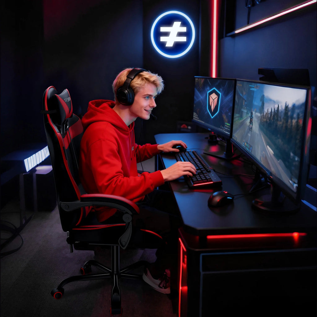 Gaming Chair, Video Game Chair with Footrest and Lumbar Support, Ergonomic Computer Chair Height Adjustable with Swivel Seat and Headrest, Red - Fix & GoGaming Chair, Video Game Chair with Footrest and Lumbar Support, Ergonomic Computer Chair Height Adjustable with Swivel Seat and Headrest, RedFix & Go