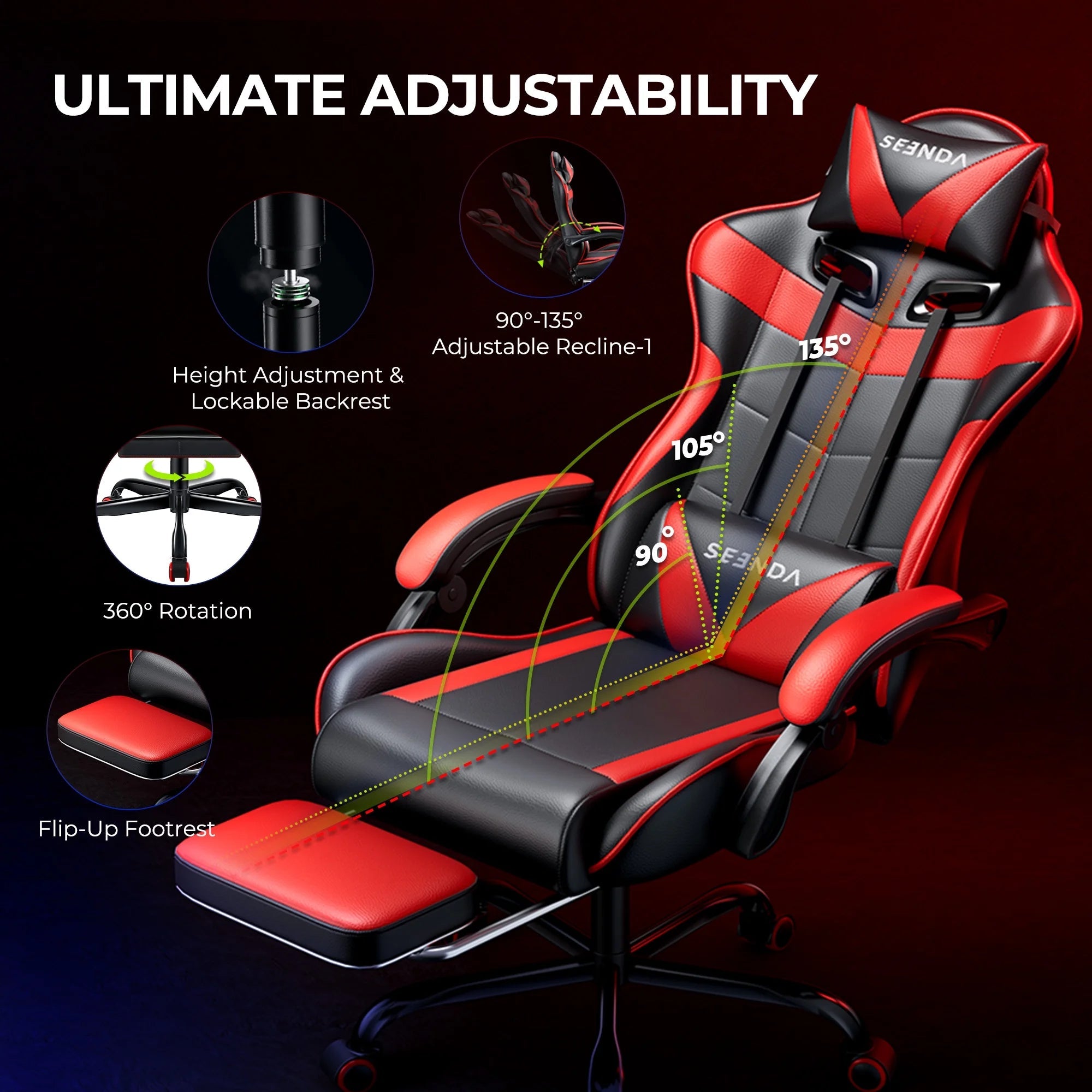 Gaming Chair, Video Game Chair with Footrest and Lumbar Support, Ergonomic Computer Chair Height Adjustable with Swivel Seat and Headrest, Red - Fix & GoGaming Chair, Video Game Chair with Footrest and Lumbar Support, Ergonomic Computer Chair Height Adjustable with Swivel Seat and Headrest, RedFix & Go