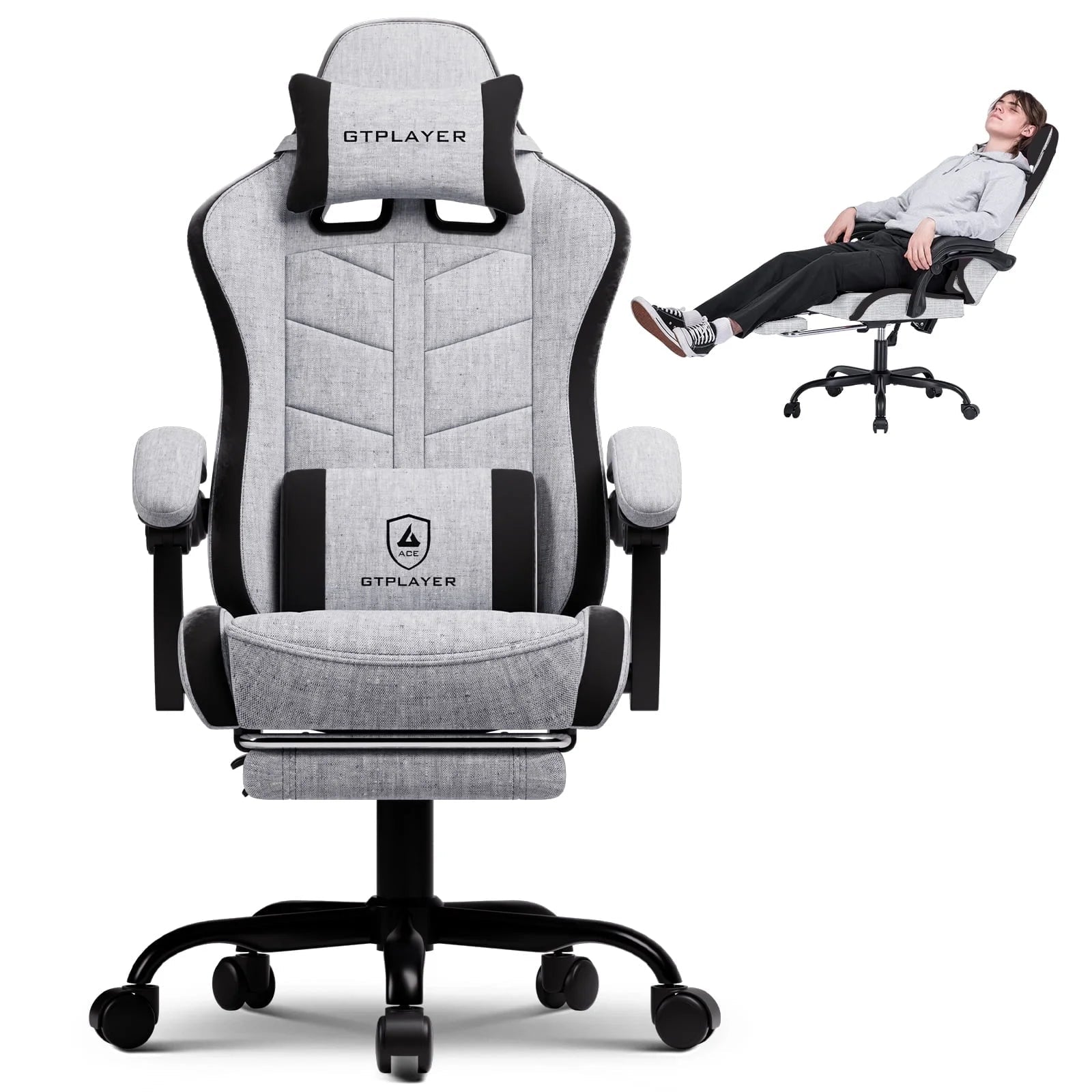 Gaming Chair with Footrest, Computer Gaming Chair for Adults and Kids, Height Adjustable Gamer Chair with 90 - 155° Recline & Removable Headrest Lumbar Support,Gray - Fix & GoGaming Chair with Footrest, Computer Gaming Chair for Adults and Kids, Height Adjustable Gamer Chair with 90 - 155° Recline & Removable Headrest Lumbar Support,Graystreamin & gamingFix & Go