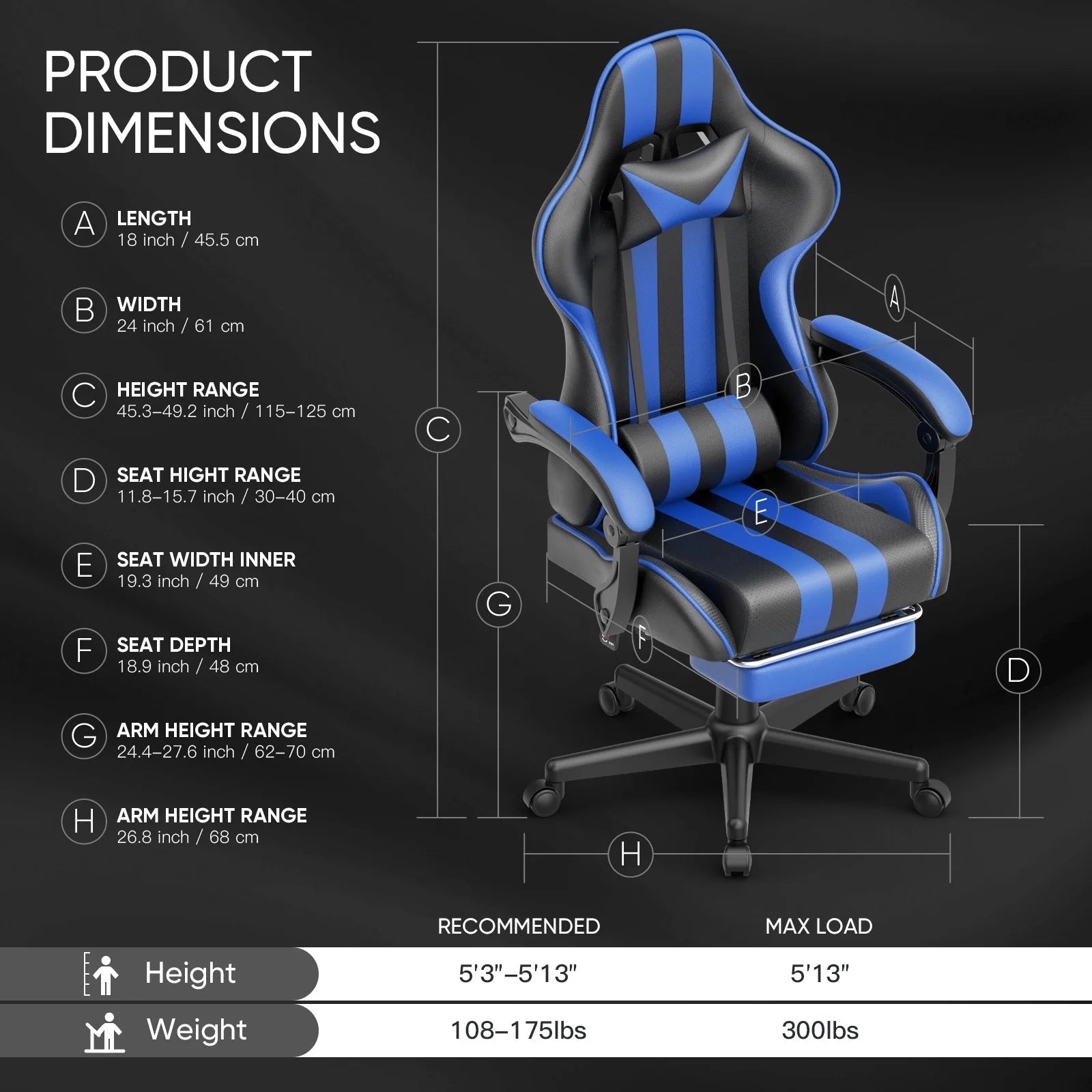 Gaming Chair with Footrest, High Back Game Gamer Chair for Adult, Ergonomic Office Chair with Massage Lumbar Pillow, Computer Chair Height Adjustable with Swivel, Blue - Fix & GoGaming Chair with Footrest, High Back Game Gamer Chair for Adult, Ergonomic Office Chair with Massage Lumbar Pillow, Computer Chair Height Adjustable with Swivel, BlueFix & Go