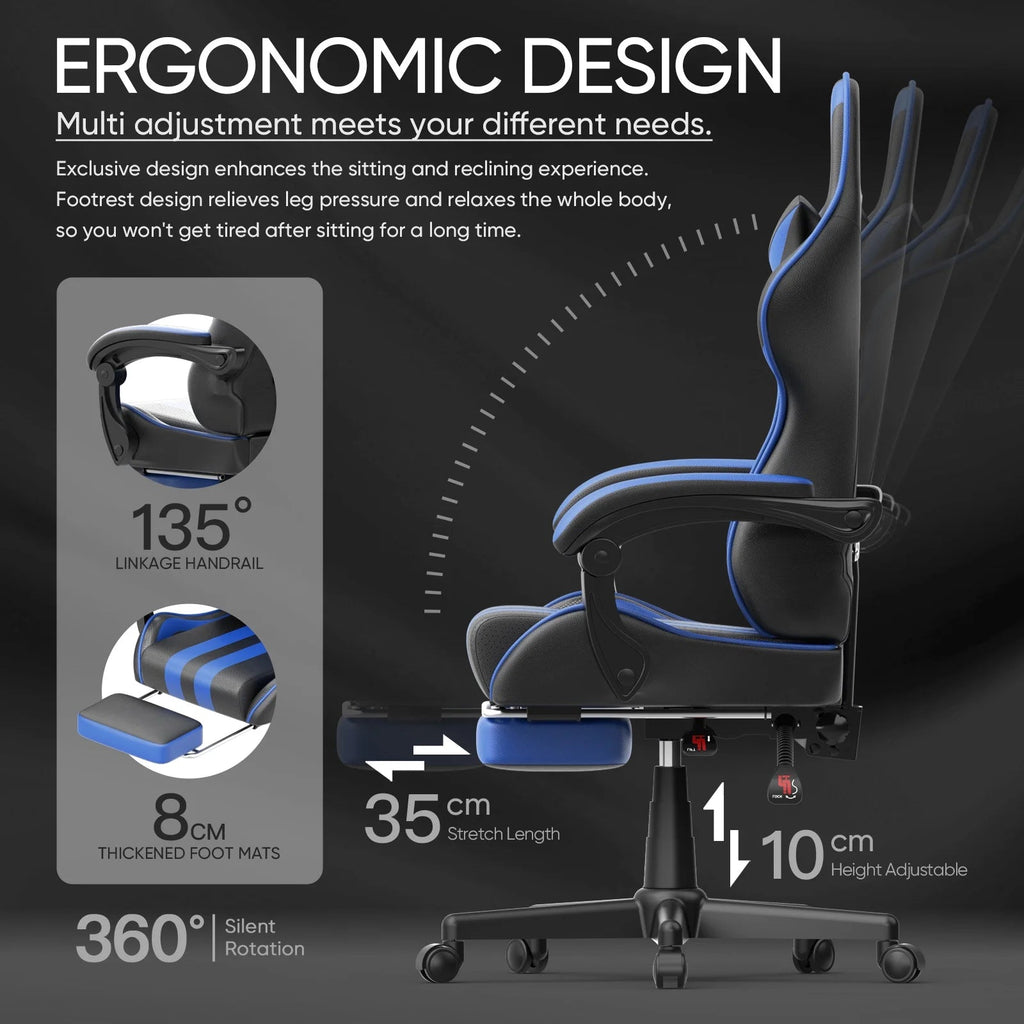 Gaming Chair with Footrest, High Back Game Gamer Chair for Adult, Ergonomic Office Chair with Massage Lumbar Pillow, Computer Chair Height Adjustable with Swivel, Blue - Fix & GoGaming Chair with Footrest, High Back Game Gamer Chair for Adult, Ergonomic Office Chair with Massage Lumbar Pillow, Computer Chair Height Adjustable with Swivel, BlueFix & Go