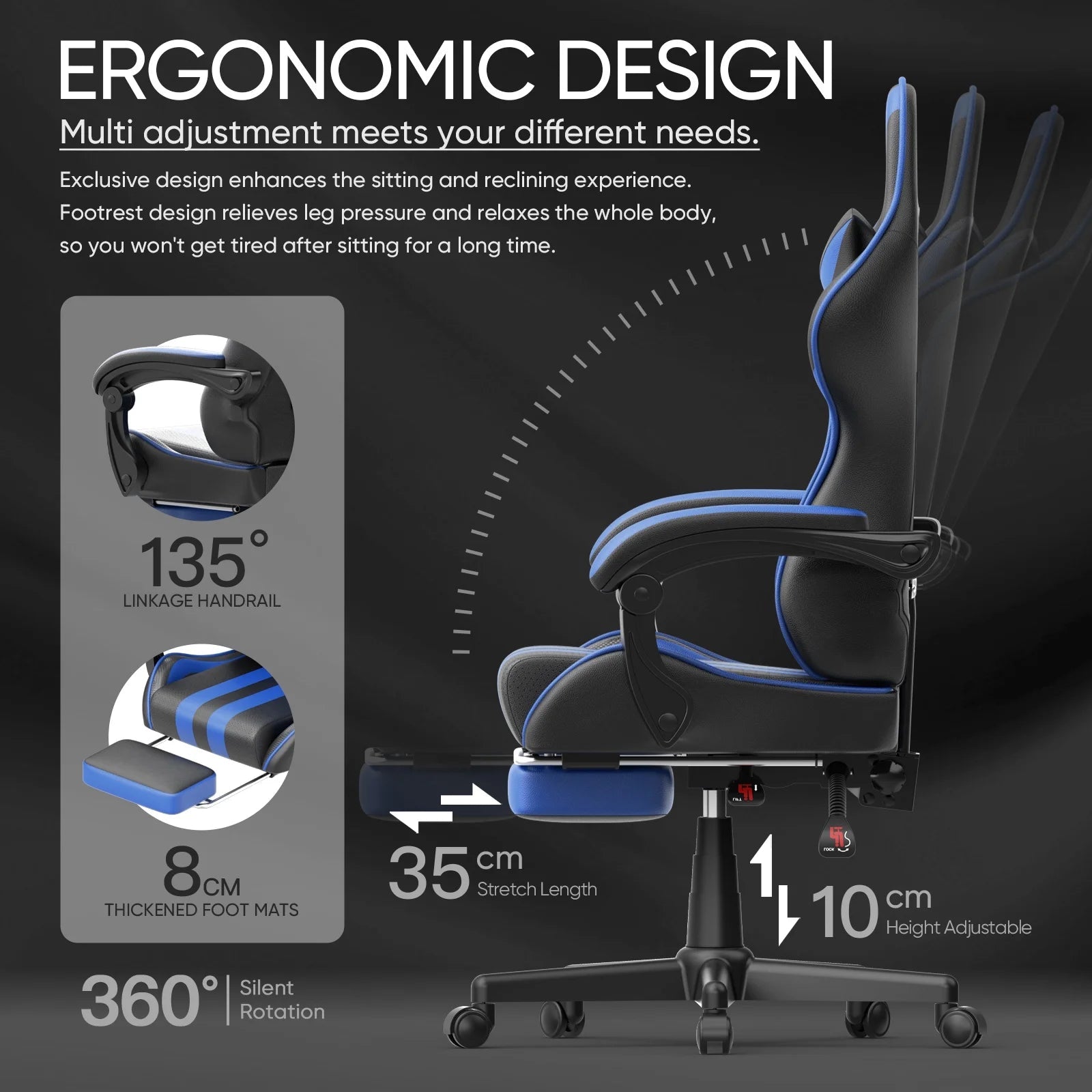 Gaming Chair with Footrest, High Back Game Gamer Chair for Adult, Ergonomic Office Chair with Massage Lumbar Pillow, Computer Chair Height Adjustable with Swivel, Blue - Fix & GoGaming Chair with Footrest, High Back Game Gamer Chair for Adult, Ergonomic Office Chair with Massage Lumbar Pillow, Computer Chair Height Adjustable with Swivel, BlueFix & Go