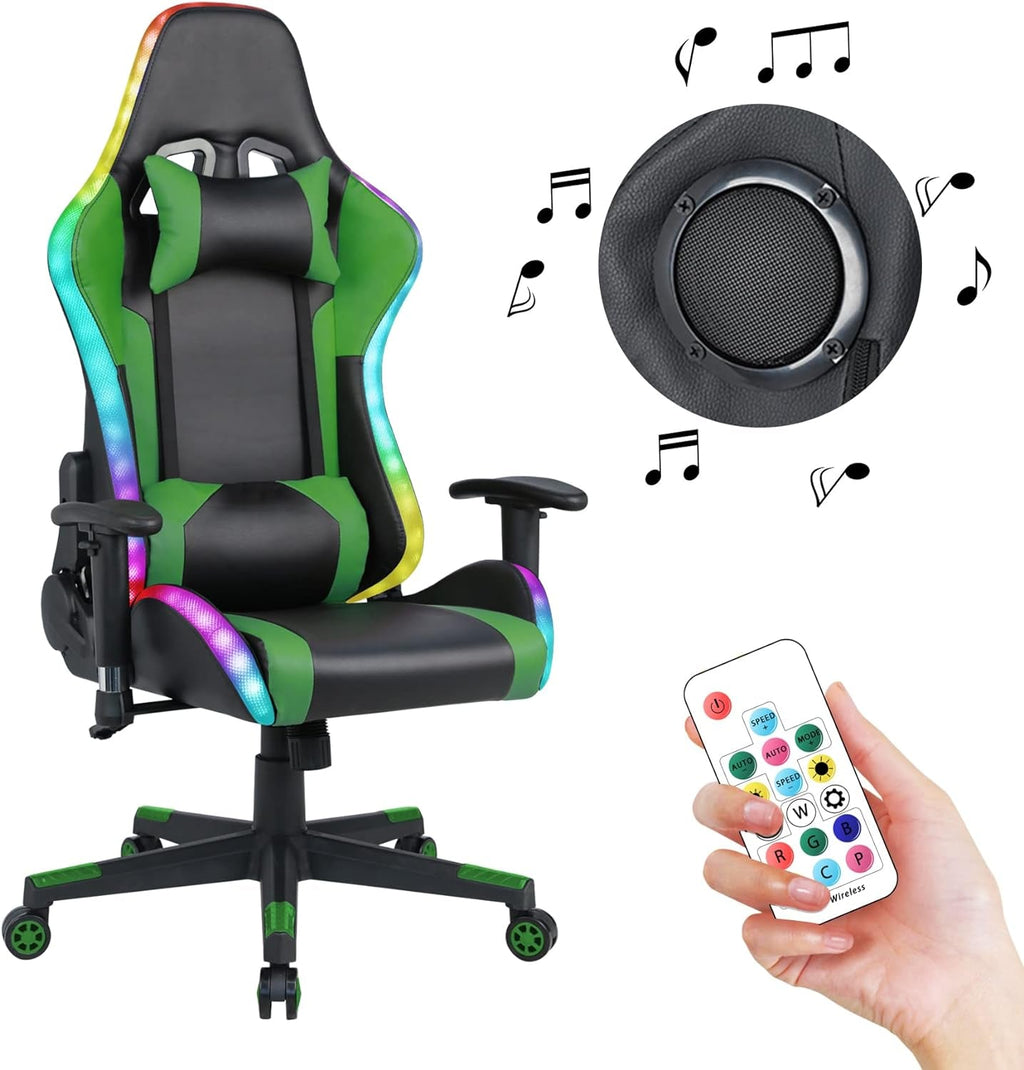 Gaming Chair with RGB LED Lights and Speakers,Video Game Chair, Swivel Racing Office Reclining Chair with Headrest & Lumbar Support, PU Leather High Back Computer Chair, Green - Fix & GoGaming Chair with RGB LED Lights and Speakers,Video Game Chair, Swivel Racing Office Reclining Chair with Headrest & Lumbar Support, PU Leather High Back Computer Chair, GreenFix & Go
