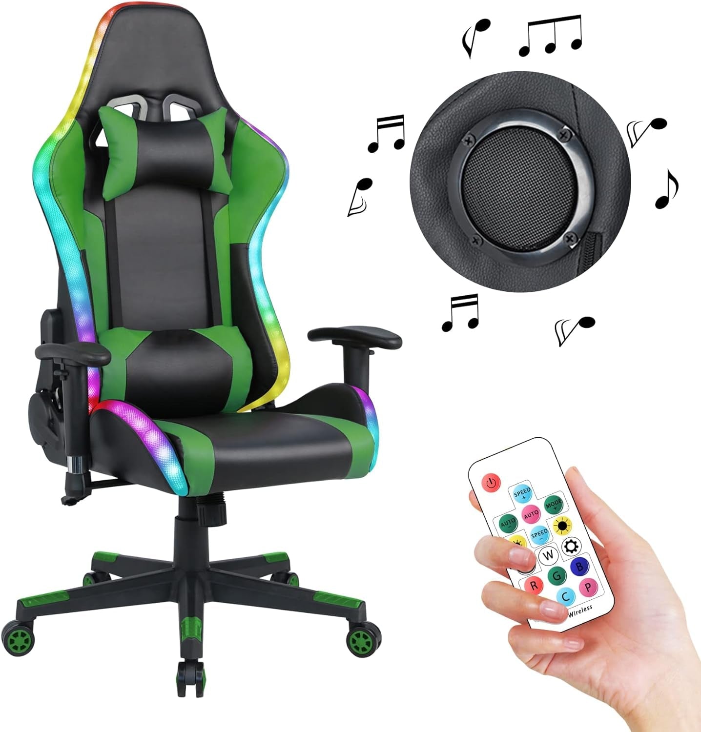 Gaming Chair with RGB LED Lights and Speakers,Video Game Chair, Swivel Racing Office Reclining Chair with Headrest & Lumbar Support, PU Leather High Back Computer Chair, Green - Fix & GoGaming Chair with RGB LED Lights and Speakers,Video Game Chair, Swivel Racing Office Reclining Chair with Headrest & Lumbar Support, PU Leather High Back Computer Chair, GreenFix & Go