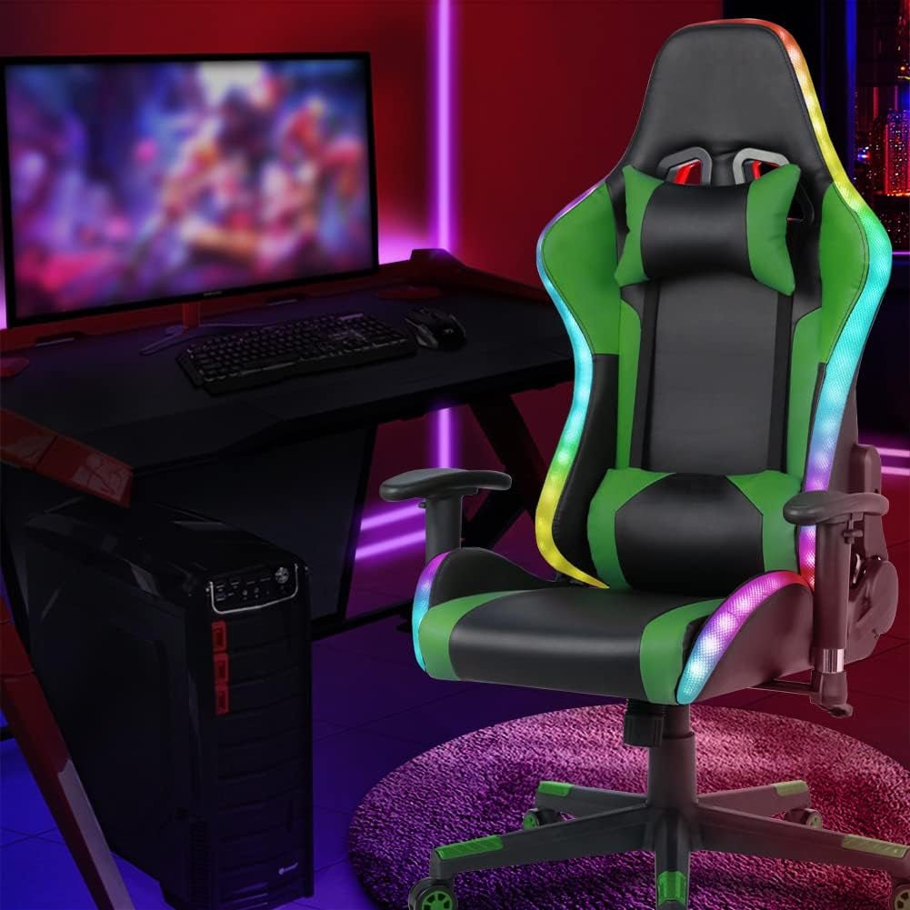 Gaming Chair with RGB LED Lights and Speakers,Video Game Chair, Swivel Racing Office Reclining Chair with Headrest & Lumbar Support, PU Leather High Back Computer Chair, Green - Fix & GoGaming Chair with RGB LED Lights and Speakers,Video Game Chair, Swivel Racing Office Reclining Chair with Headrest & Lumbar Support, PU Leather High Back Computer Chair, GreenFix & Go