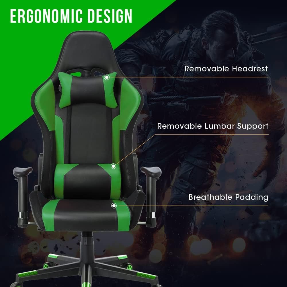 Gaming Chair with RGB LED Lights and Speakers,Video Game Chair, Swivel Racing Office Reclining Chair with Headrest & Lumbar Support, PU Leather High Back Computer Chair, Green - Fix & GoGaming Chair with RGB LED Lights and Speakers,Video Game Chair, Swivel Racing Office Reclining Chair with Headrest & Lumbar Support, PU Leather High Back Computer Chair, GreenFix & Go