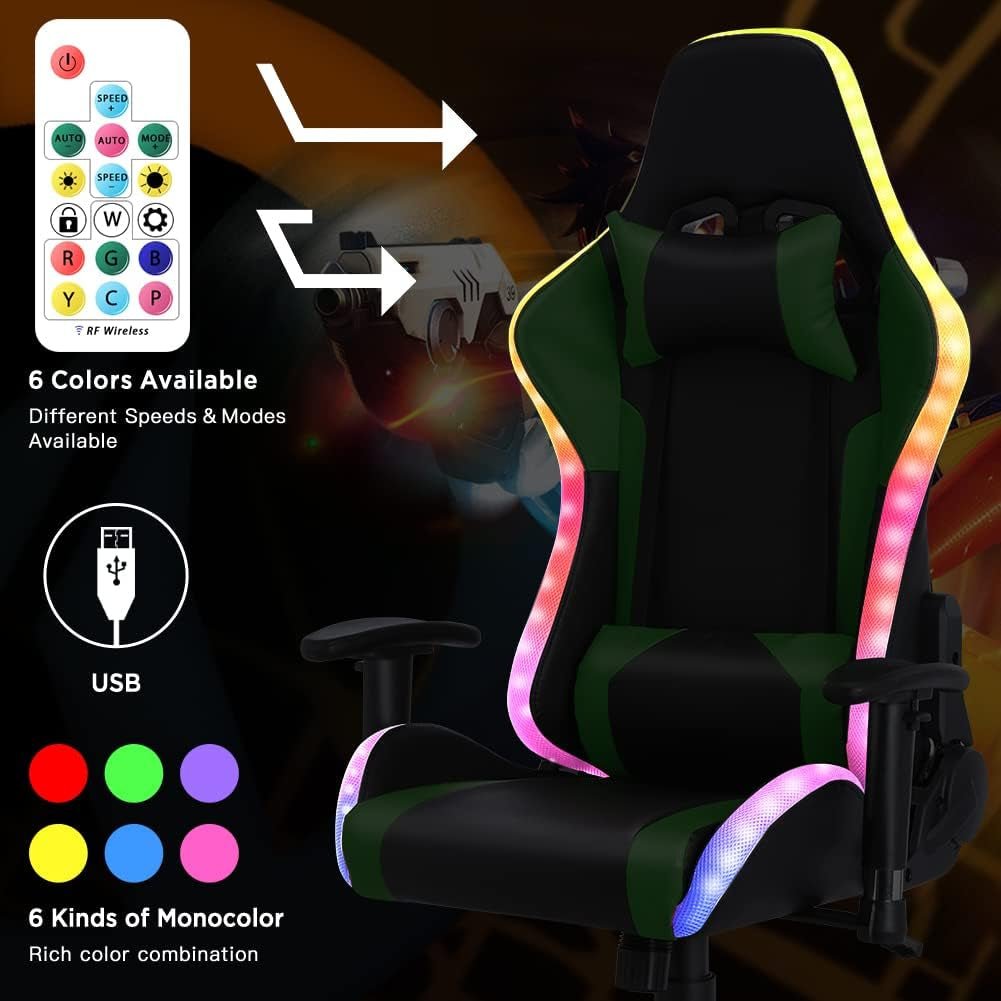 Gaming Chair with RGB LED Lights and Speakers,Video Game Chair, Swivel Racing Office Reclining Chair with Headrest & Lumbar Support, PU Leather High Back Computer Chair, Green - Fix & GoGaming Chair with RGB LED Lights and Speakers,Video Game Chair, Swivel Racing Office Reclining Chair with Headrest & Lumbar Support, PU Leather High Back Computer Chair, GreenFix & Go