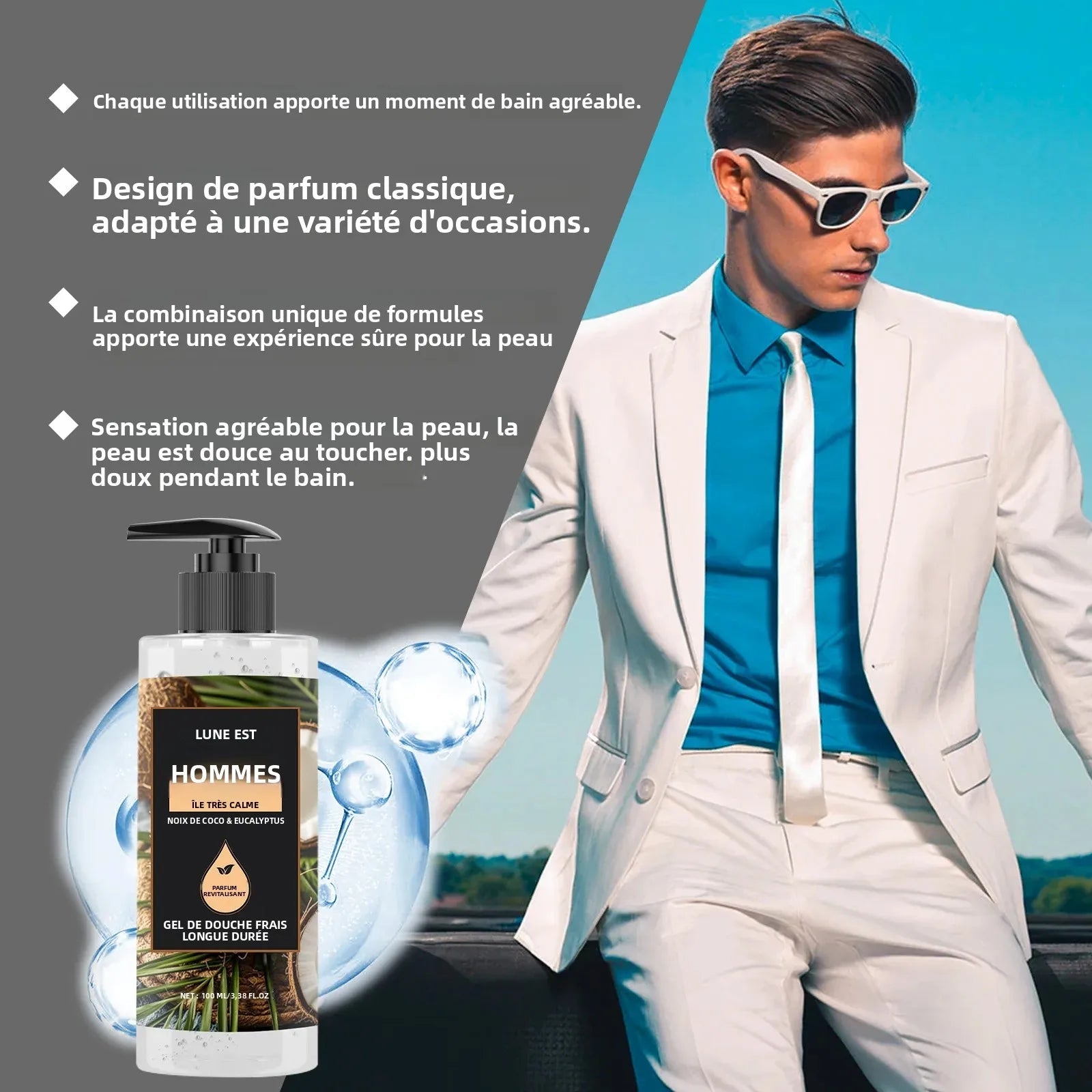 Gel douche nettoyant en profondeur pour hommes, Eucalyptus, noix de coco, parfum rafraîchissant, parfum longue durée, contrôle de l'huile, 100ml - FATAONGel douche nettoyant en profondeur pour hommes, Eucalyptus, noix de coco, parfum rafraîchissant, parfum longue durée, contrôle de l'huile, 100mlBeauté HommeFATAON
