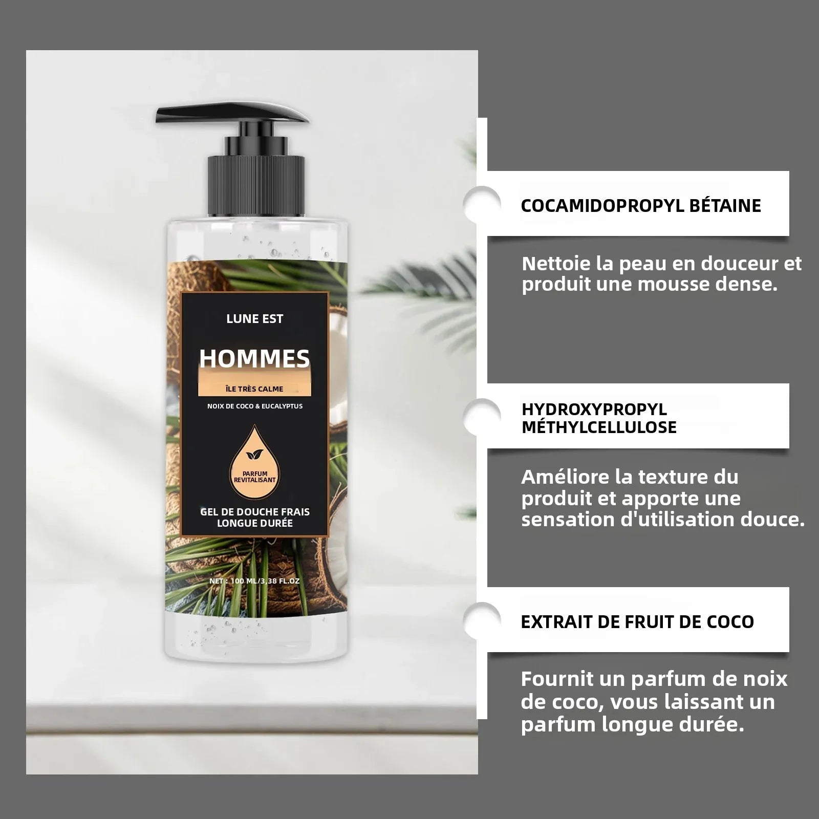 Gel douche nettoyant en profondeur pour hommes, Eucalyptus, noix de coco, parfum rafraîchissant, parfum longue durée, contrôle de l'huile, 100ml - FATAONGel douche nettoyant en profondeur pour hommes, Eucalyptus, noix de coco, parfum rafraîchissant, parfum longue durée, contrôle de l'huile, 100mlBeauté HommeFATAON