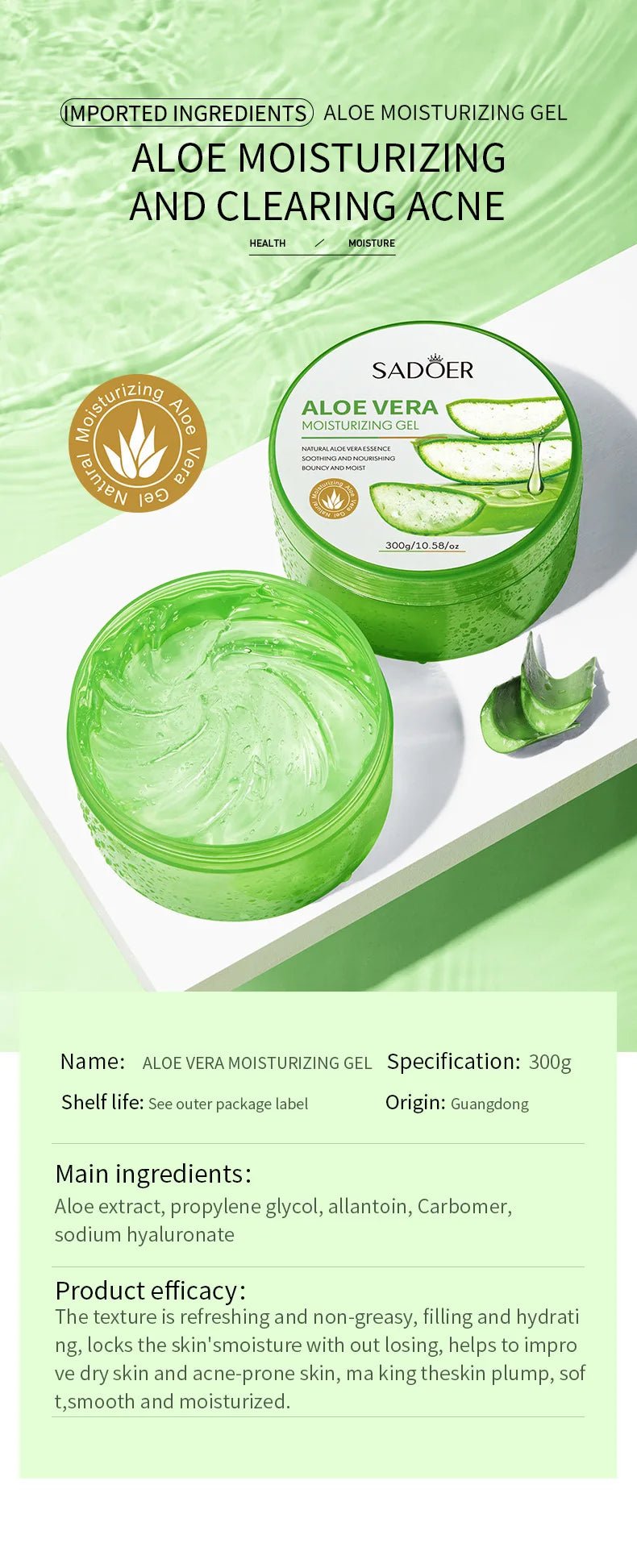 Gel hydratant à l'aloe vera 300g, vitamine C et collagène, gel réparateur apaisant à l'huile d'onagre VE pour le visage et le corps - FATAONGel hydratant à l'aloe vera 300g, vitamine C et collagène, gel réparateur apaisant à l'huile d'onagre VE pour le visage et le corpsFATAON