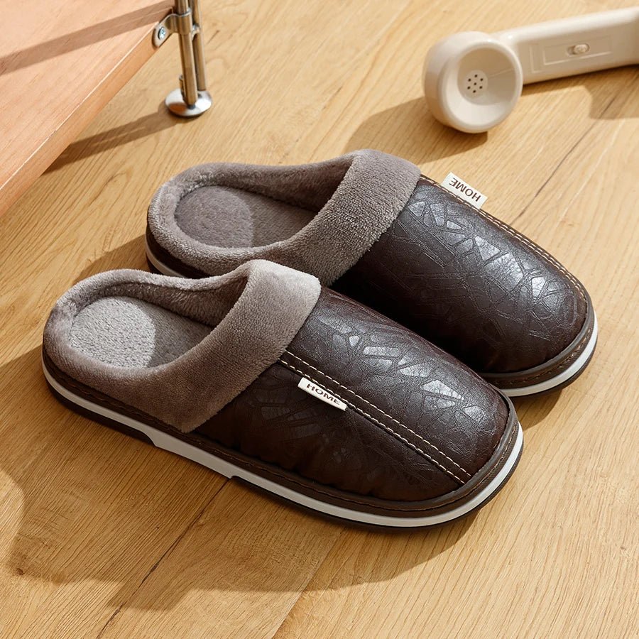 Grande taille hiver décontracté chaussons pour hommes intérieur imperméable en cuir PU maison chaussures fourrure plat chaud mode chambre Houseshoes - FATAONGrande taille hiver décontracté chaussons pour hommes intérieur imperméable en cuir PU maison chaussures fourrure plat chaud mode chambre HouseshoesMode HommeFATAON
