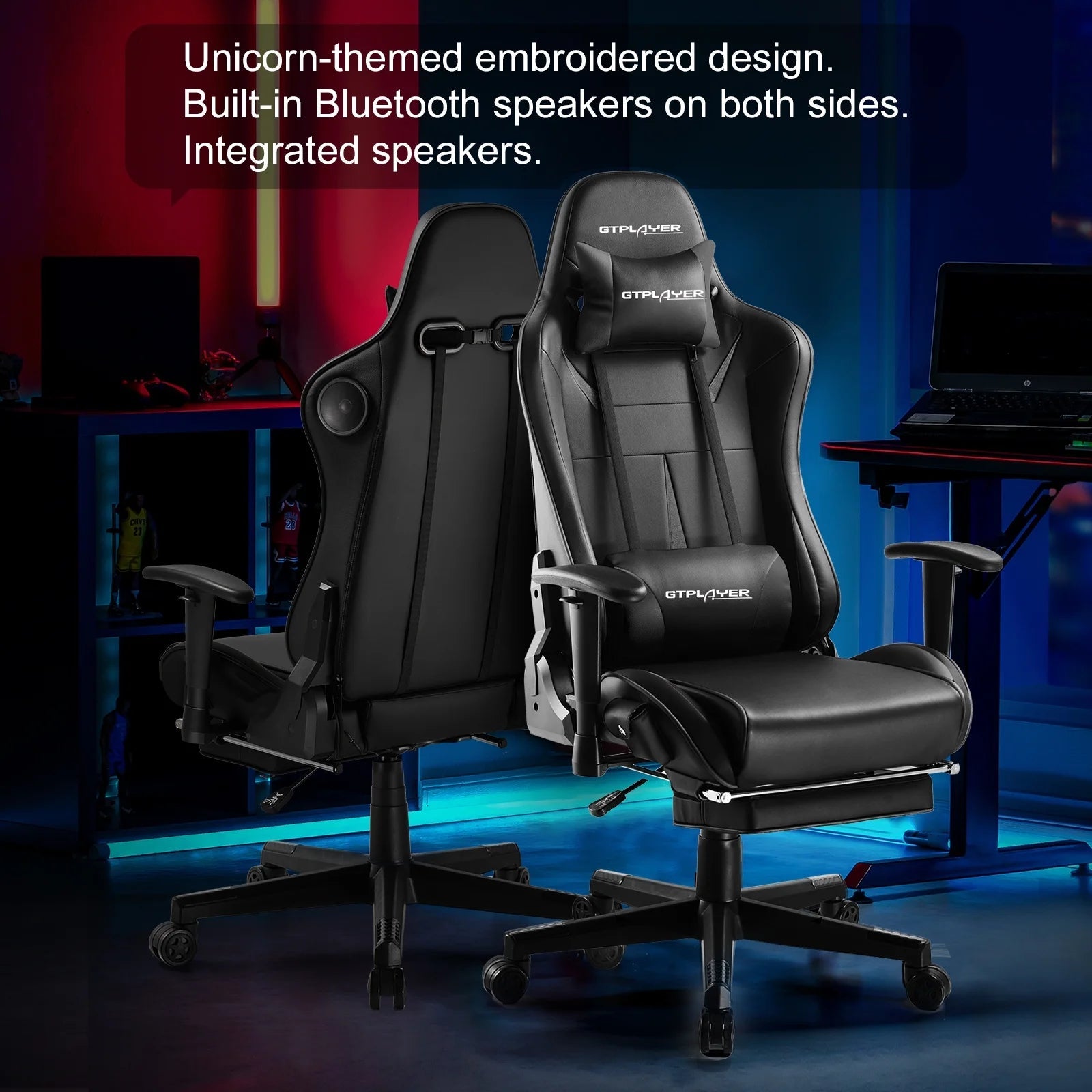GTRACING Music Gaming Chair with Footrest Ergonomic Reclining PU Leather Office Chair, Black - Fix & GoGTRACING Music Gaming Chair with Footrest Ergonomic Reclining PU Leather Office Chair, BlackFix & Go