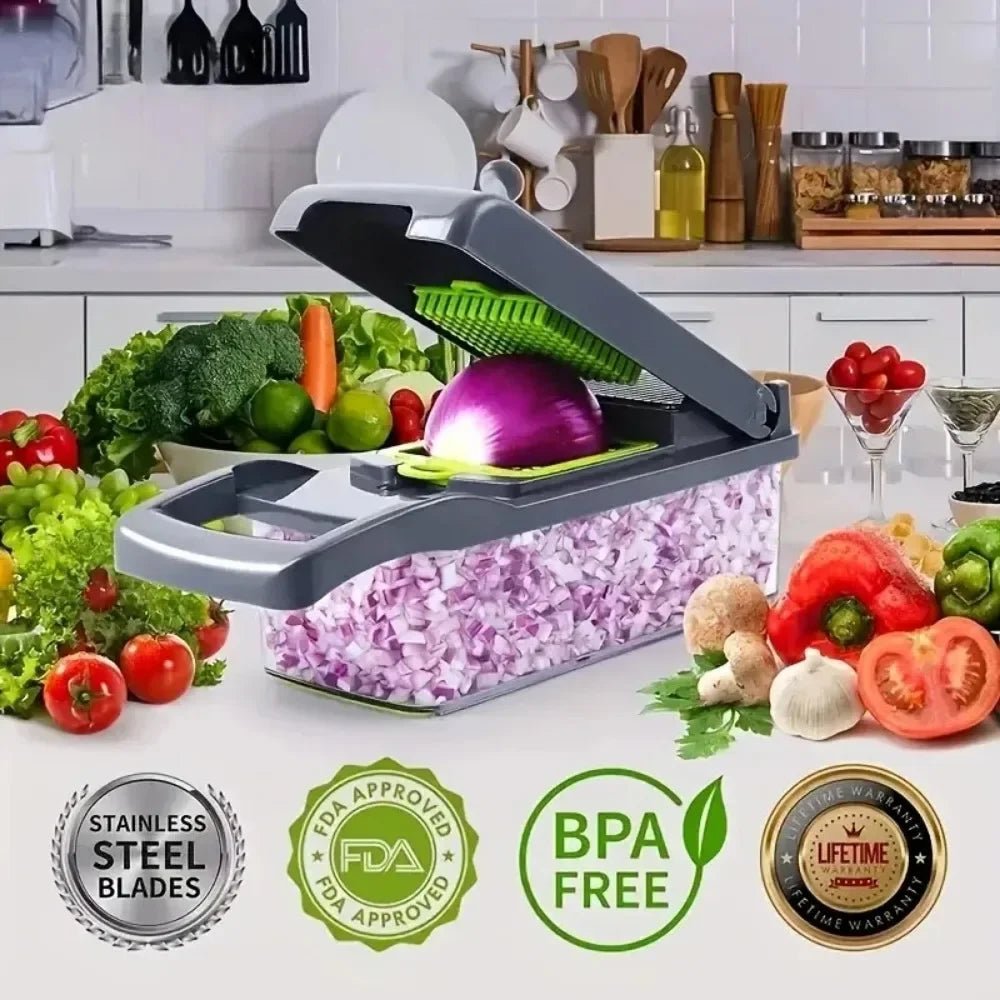 Hachoir à Légumes Multifonctionnel avec Poignée, Râpe Alimentaire, Trancheur, D479, Coupe 14/16 en 1, Articles de Cuisine - FATAONHachoir à Légumes Multifonctionnel avec Poignée, Râpe Alimentaire, Trancheur, D479, Coupe 14/16 en 1, Articles de CuisineSolutions MaisonFATAON