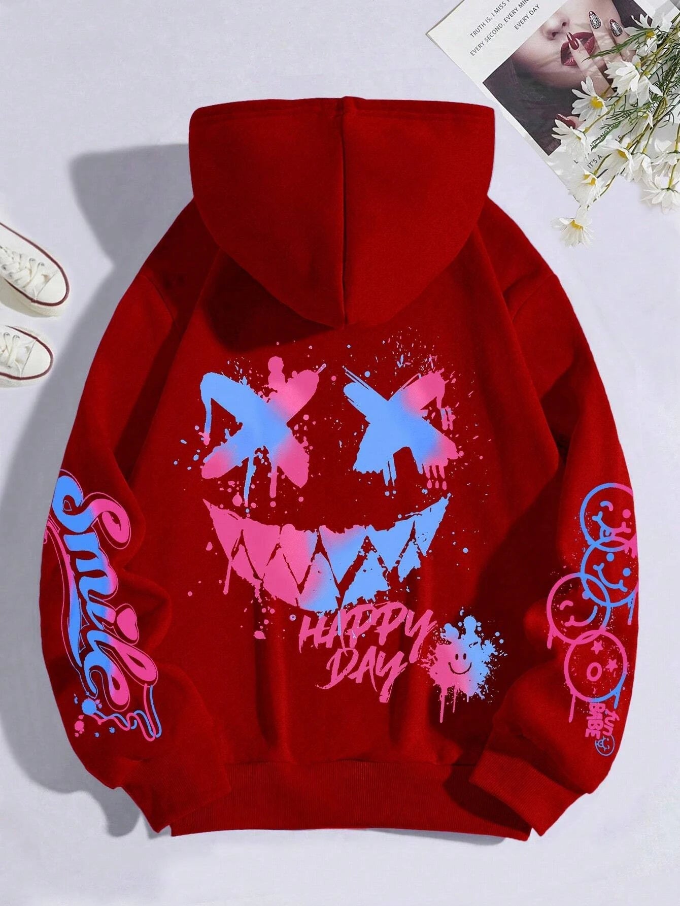 Happy Day – sweat à capuche imprimé Graffiti pour femmes, style Hip Hop, à la mode, col rond, polyvalent, Vintage, surdimensionné, vêtements féminins - FATAONHappy Day – sweat à capuche imprimé Graffiti pour femmes, style Hip Hop, à la mode, col rond, polyvalent, Vintage, surdimensionné, vêtements fémininsMode HommeFATAON