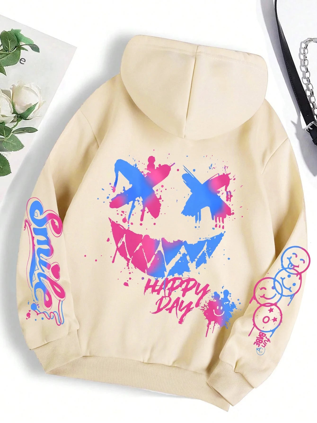 Happy Day – sweat à capuche imprimé Graffiti pour femmes, style Hip Hop, à la mode, col rond, polyvalent, Vintage, surdimensionné, vêtements féminins - FATAONHappy Day – sweat à capuche imprimé Graffiti pour femmes, style Hip Hop, à la mode, col rond, polyvalent, Vintage, surdimensionné, vêtements fémininsMode HommeFATAON