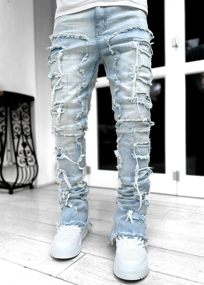 Ins Fringes Ripped Trousers Individual Patched Pants Long Tight Fit Stacked Jeans for Mens Clothing - Fix & GoIns Fringes Ripped Trousers Individual Patched Pants Long Tight Fit Stacked Jeans for Mens ClothingFix & Go
