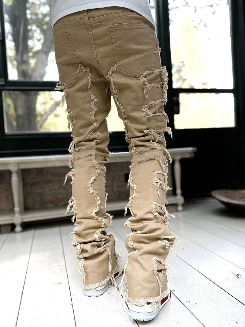 Ins Fringes Ripped Trousers Individual Patched Pants Long Tight Fit Stacked Jeans for Mens Clothing - Fix & GoIns Fringes Ripped Trousers Individual Patched Pants Long Tight Fit Stacked Jeans for Mens ClothingFix & Go