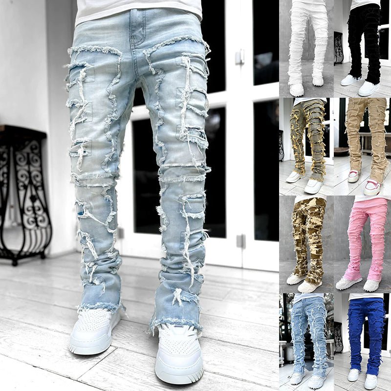 Ins Fringes Ripped Trousers Individual Patched Pants Long Tight Fit Stacked Jeans for Mens Clothing - Fix & GoIns Fringes Ripped Trousers Individual Patched Pants Long Tight Fit Stacked Jeans for Mens ClothingFix & Go