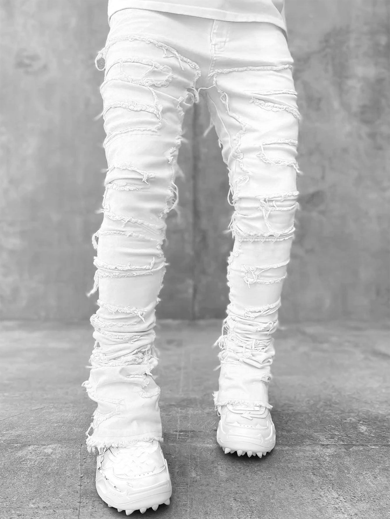 Ins Fringes Ripped Trousers Individual Patched Pants Long Tight Fit Stacked Jeans for Mens Clothing - Fix & GoIns Fringes Ripped Trousers Individual Patched Pants Long Tight Fit Stacked Jeans for Mens ClothingFix & Go