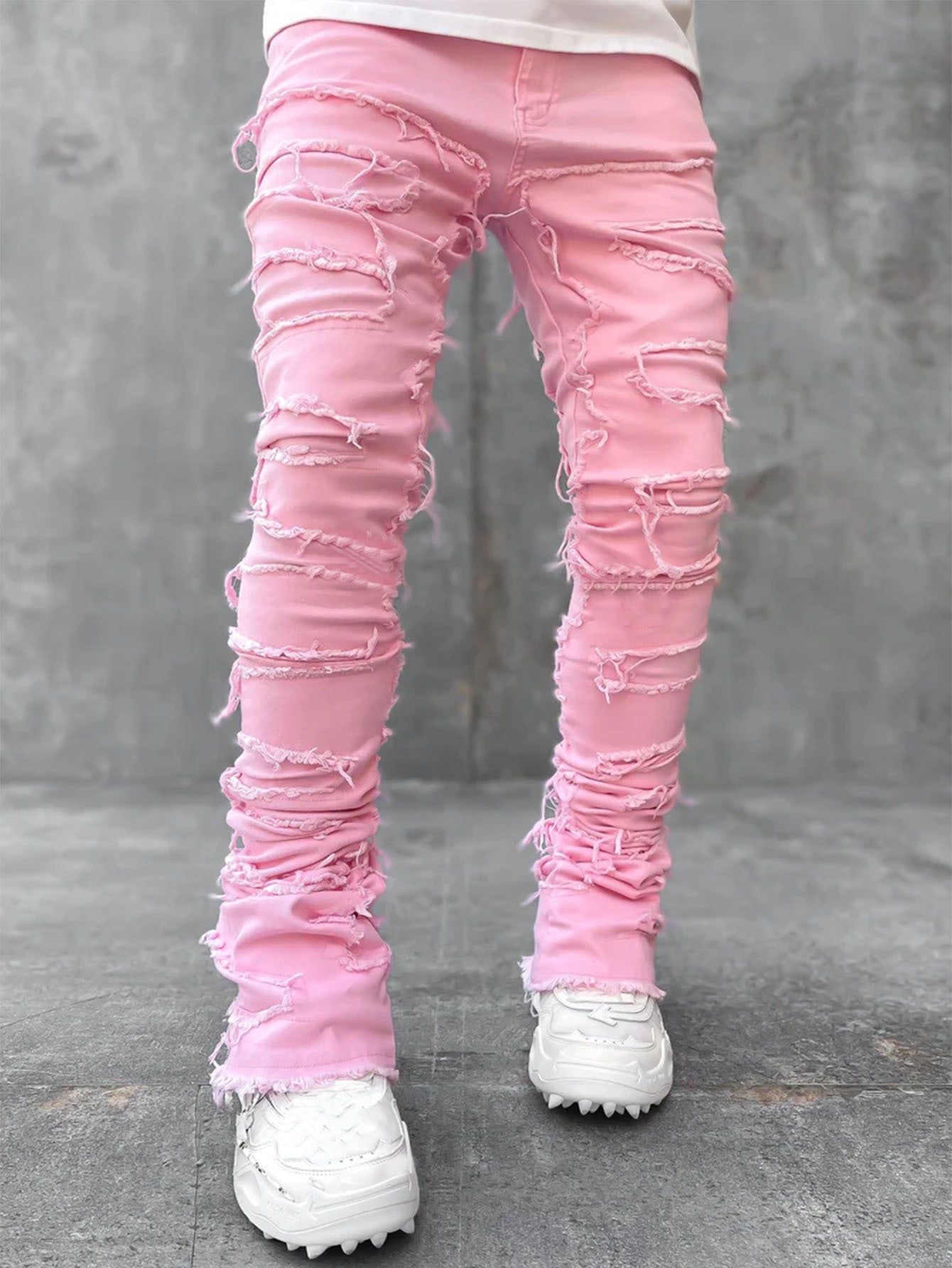 Ins Fringes Ripped Trousers Individual Patched Pants Long Tight Fit Stacked Jeans for Mens Clothing - Fix & GoIns Fringes Ripped Trousers Individual Patched Pants Long Tight Fit Stacked Jeans for Mens ClothingFix & Go