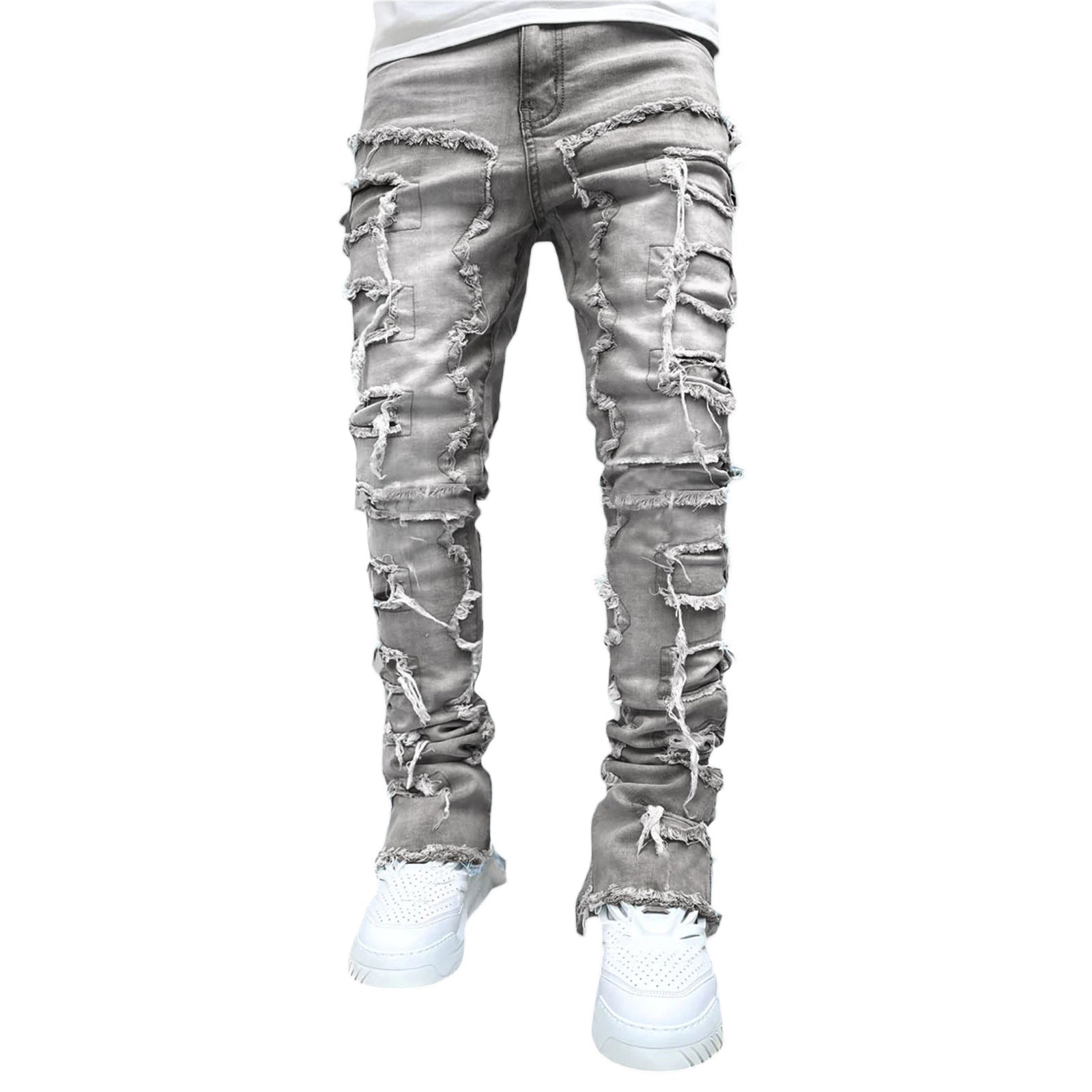 Ins Fringes Ripped Trousers Individual Patched Pants Long Tight Fit Stacked Jeans for Mens Clothing - Fix & GoIns Fringes Ripped Trousers Individual Patched Pants Long Tight Fit Stacked Jeans for Mens ClothingFix & Go